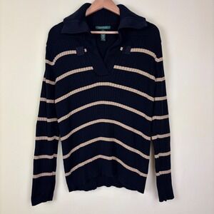 Lauren Ralph Lauren Collar Knit Sweater Womens XL Striped Cotton Blend